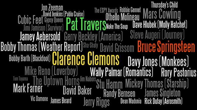 Bruce Springsteen, Clarence Clemons, Pat Travers, Mars Cowling, Jerry Riggs, Davy Jones (Monkees), Mark Farner, Wally Palmar (Romantics), Gerry Beckley (America), Steve Augeri (Journey), Mike Reno (Loverboy), Mickey Thomas (Starship), Jimi Jamison (Survivor), Bobby Barth (Blackfoot), David Baker, Jamey Aebersold, Rick Dufay (Aerosmith), Dave Hlubek (Molly Hatchet), Rory Pastorius, Stu Hamm, Othello Molineau, David Jenkins (Pablo Cruise), Sister Red, Nuke The Soup, The Uptown Horns, The ESPY Awards, Toxic Minds, Randy Bernsen, Bobby Thomas (Weather Report), David Grissom, Tom Toyama, James Beard, Sha-Shaty, Gypsy Queen, James Singleton, Jon Zeeman, Thursday's Child, Cubic Feet, Robbie Gennet, Dean Madonia, Vic Damone, Jim Nabors, and more.
